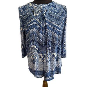 Liz Claiborne Blue & White Print Criss-Cross Top, 3/4 Sleeves, Size Small